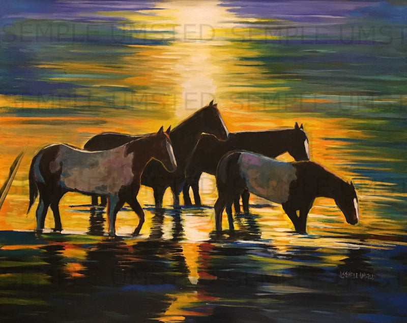 Horses In Sunset (Giclée on Canvas)
