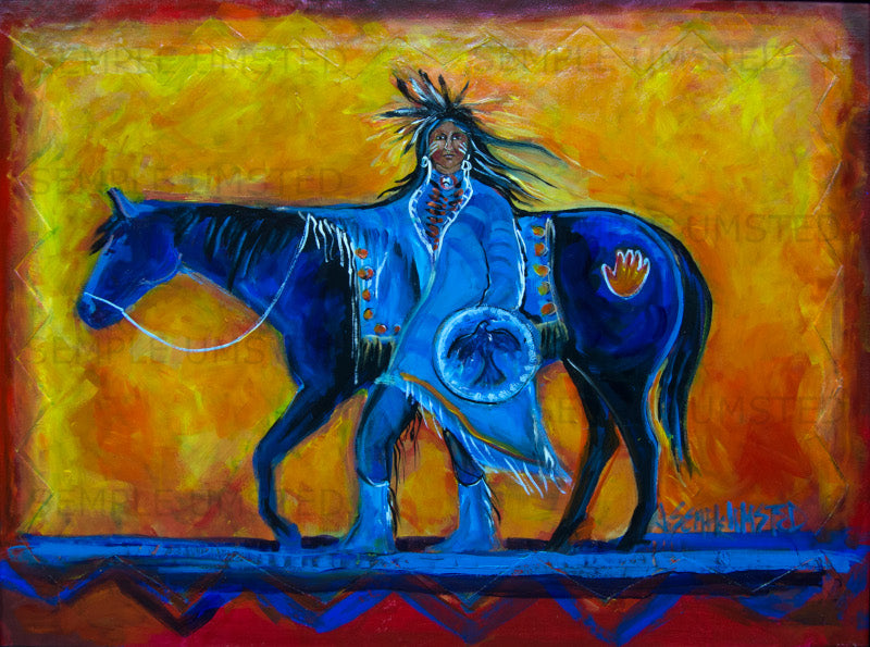 Comanche With Blue Horse (Giclée on Canvas)